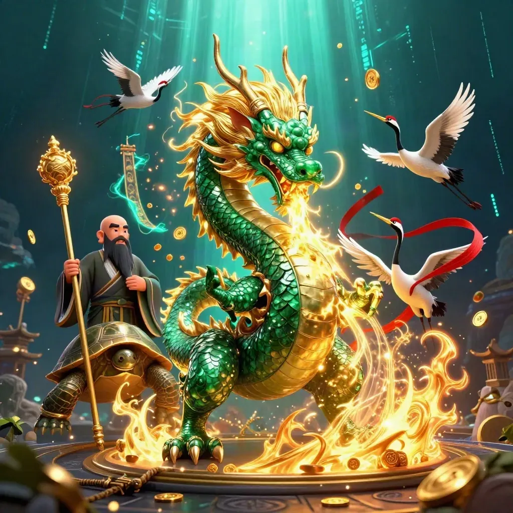 Dragão esmeralda, tartaruga sábia e garças com fitas em cena neon submarina.