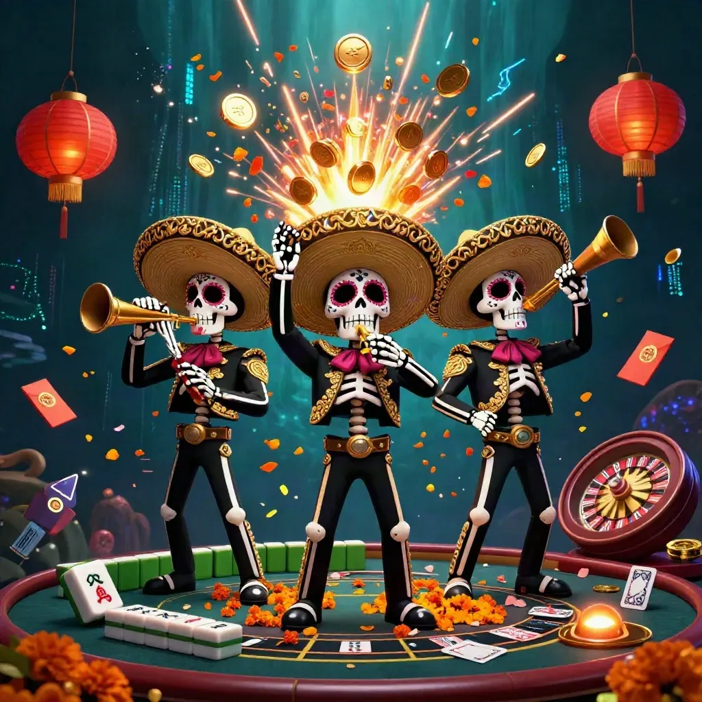 Trio de esqueletos mariachi com chuva de moedas, roleta e mesa de cartas em clima neon luxuoso