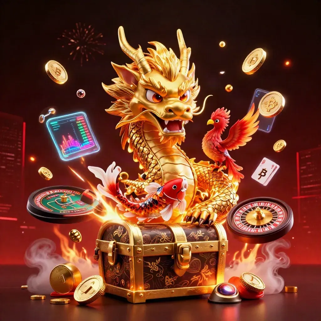 Dragão dourado com fênix, carpas e moedas explodindo em cassino neon premium.