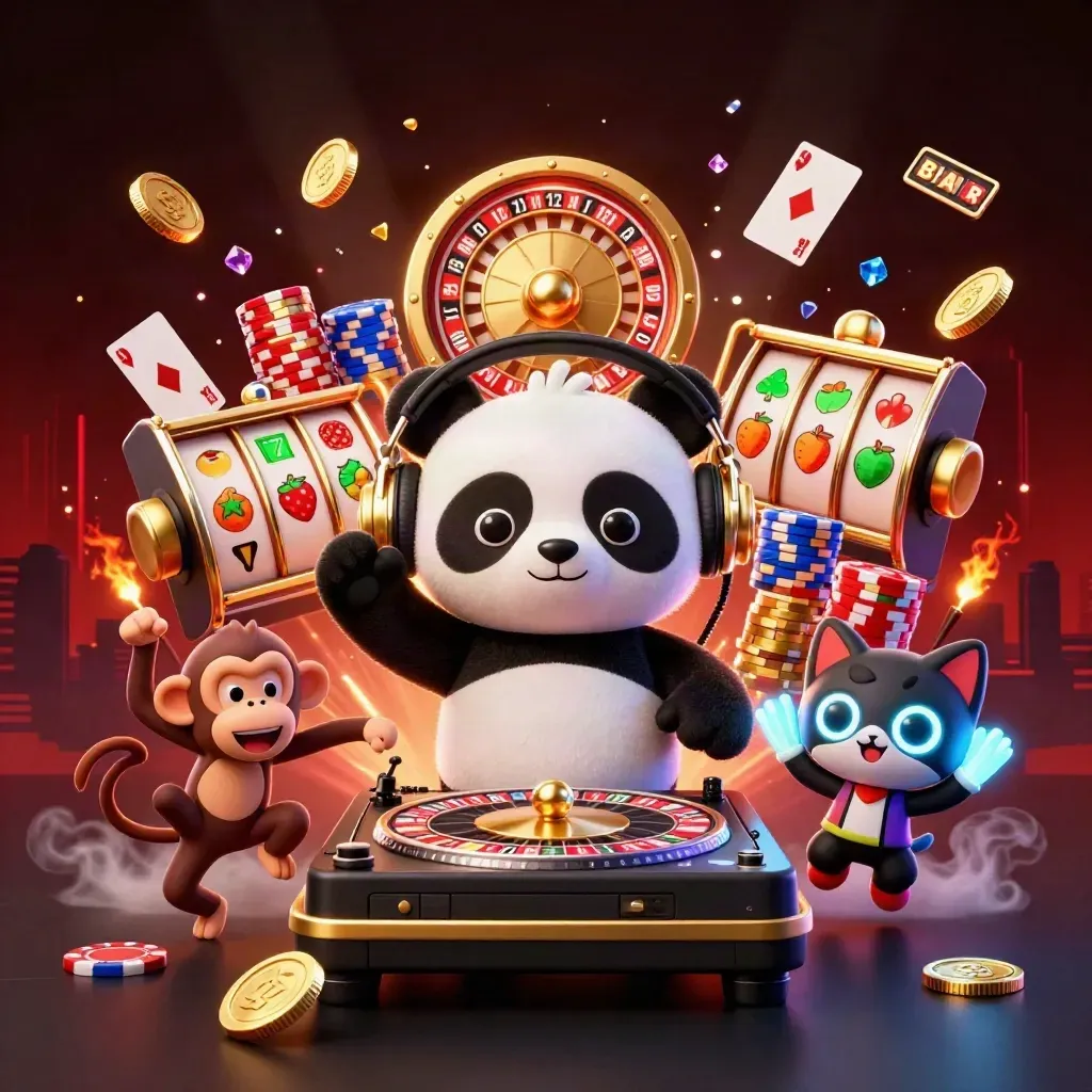 Panda DJ, macaco dançarino e gatinho rave entre roletas, moedas e luz vermelha neon.