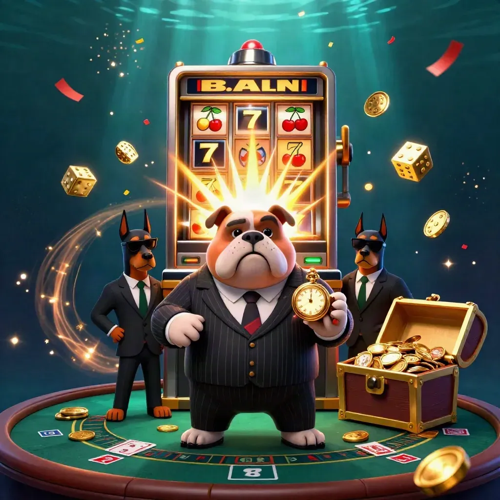 Bulldog mafioso e dois dobermans celebram com caça-níquel, moedas, fogos e brilho dourado.
