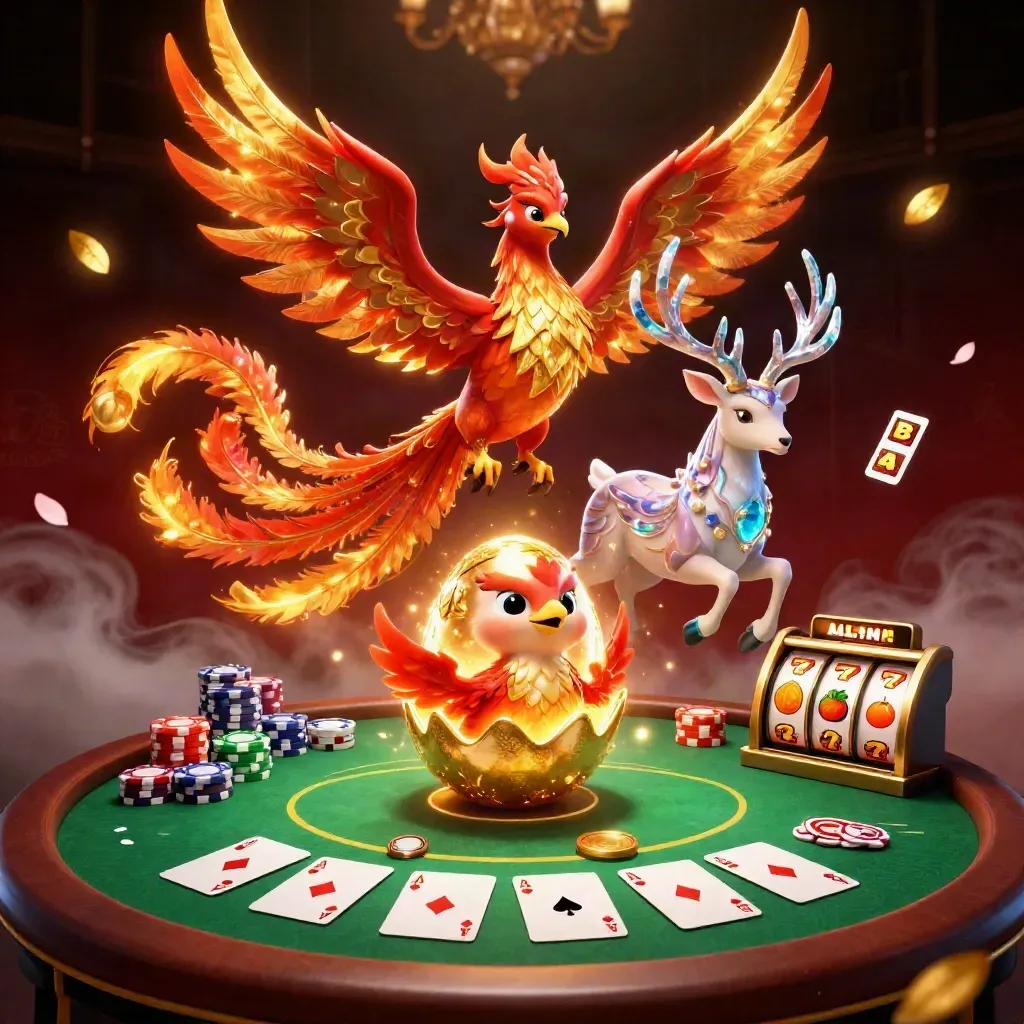 Fênix, filhote e cervo mágico cercados por cartas, fichas e luzes de cassino.