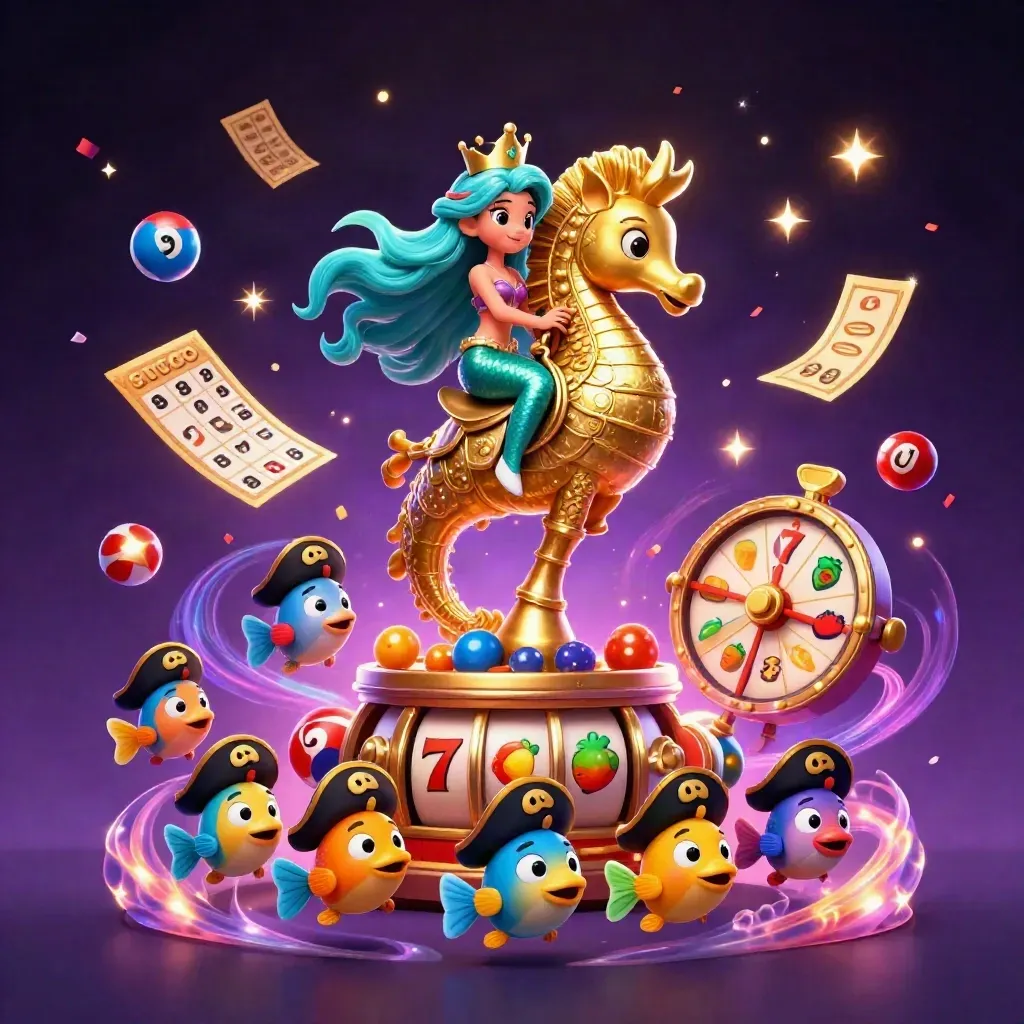 Sereia princesa em seahorse dourado, peixes piratas, bolas e luzes neon de cassino.