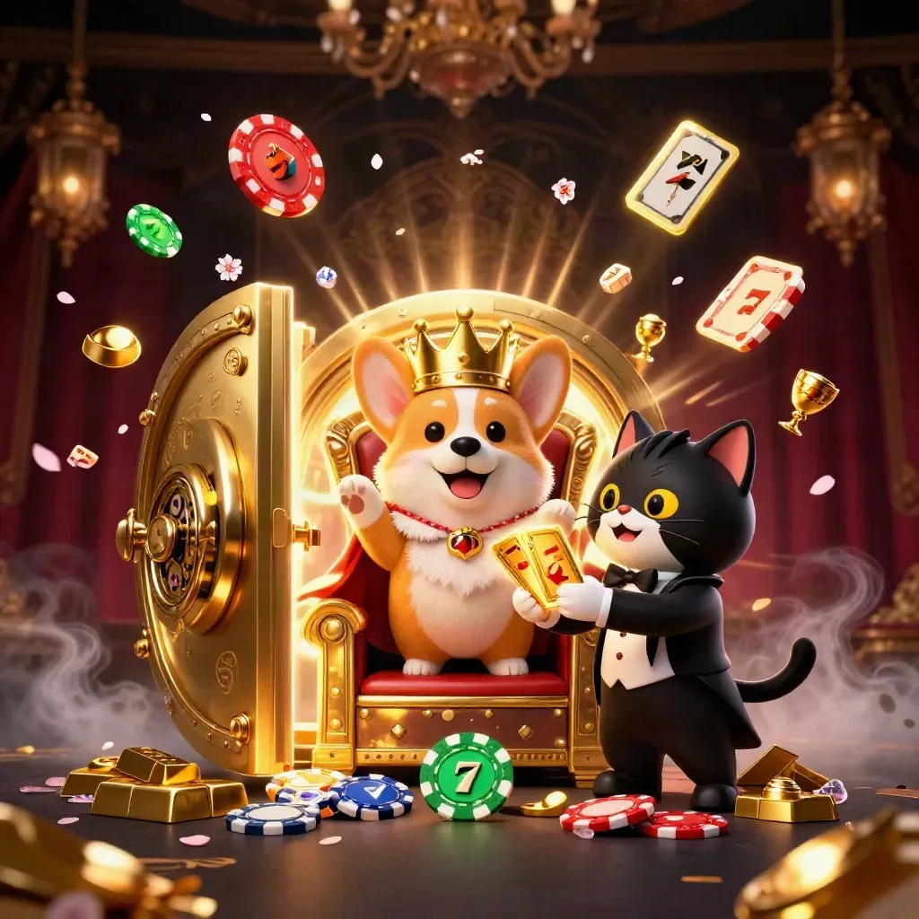 Corgi rei e gato mordomo em cena luxuosa de caça-níquel com cofre dourado e fichas brilhando
