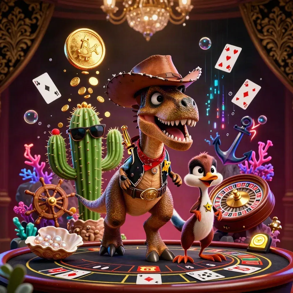 T-Rex cowboy com cacto e roadrunner, moedas, cartas, roleta e brilho neon