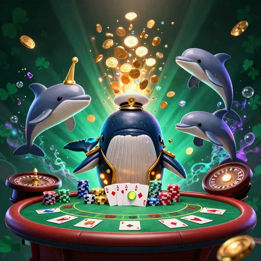 Baleia, narval e golfinhos em cassino neon com fichas, cartas e roleta.