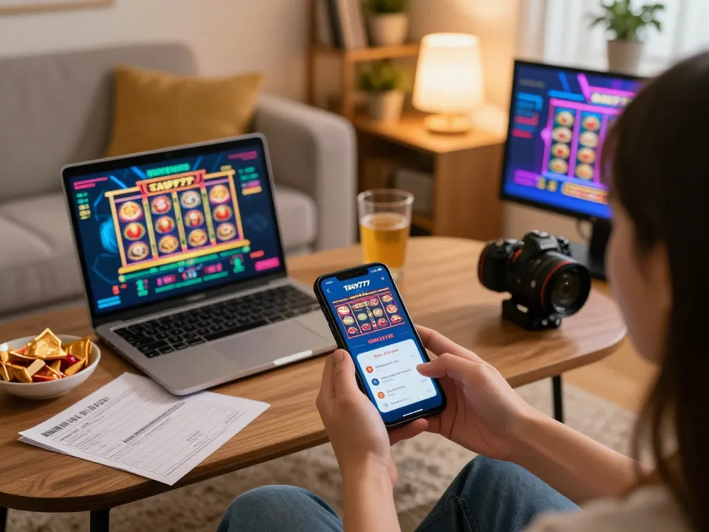 TAYA777 app displayed on smartphone during a cozy online gambling session at home.