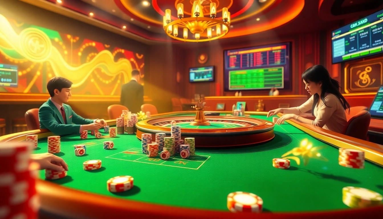 Tài xỉu md5 game setup with players engaged, colorful dice, chips, and betting atmosphere.
