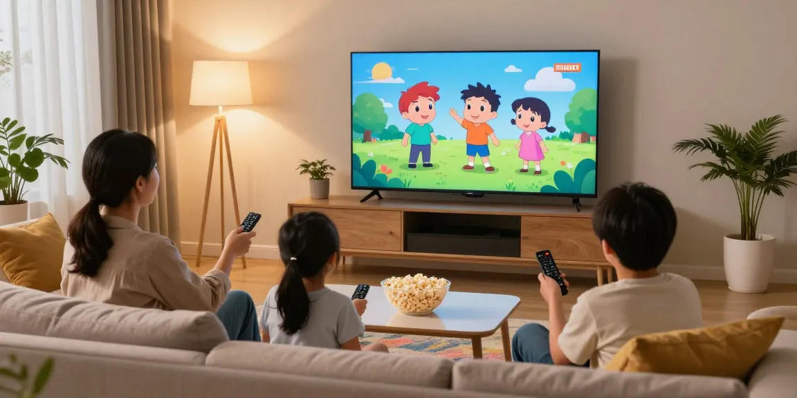 Família se divertindo com IPTV na sala de estar aconchegante.