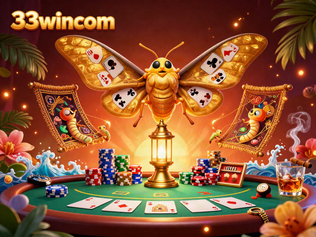 Experience thrilling poker action at 33wincom with a vibrant 3D illustration capturing a lively casino scene.