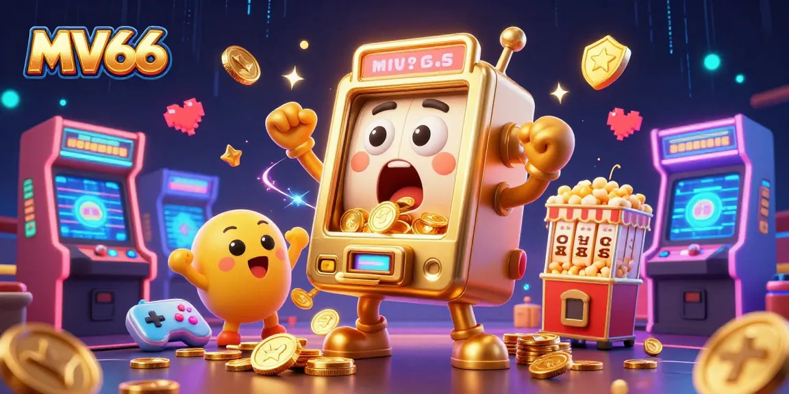 Experience the excitement of MV66 as the golden slot machine hits a jackpot, showering coins amidst cheering companions.
