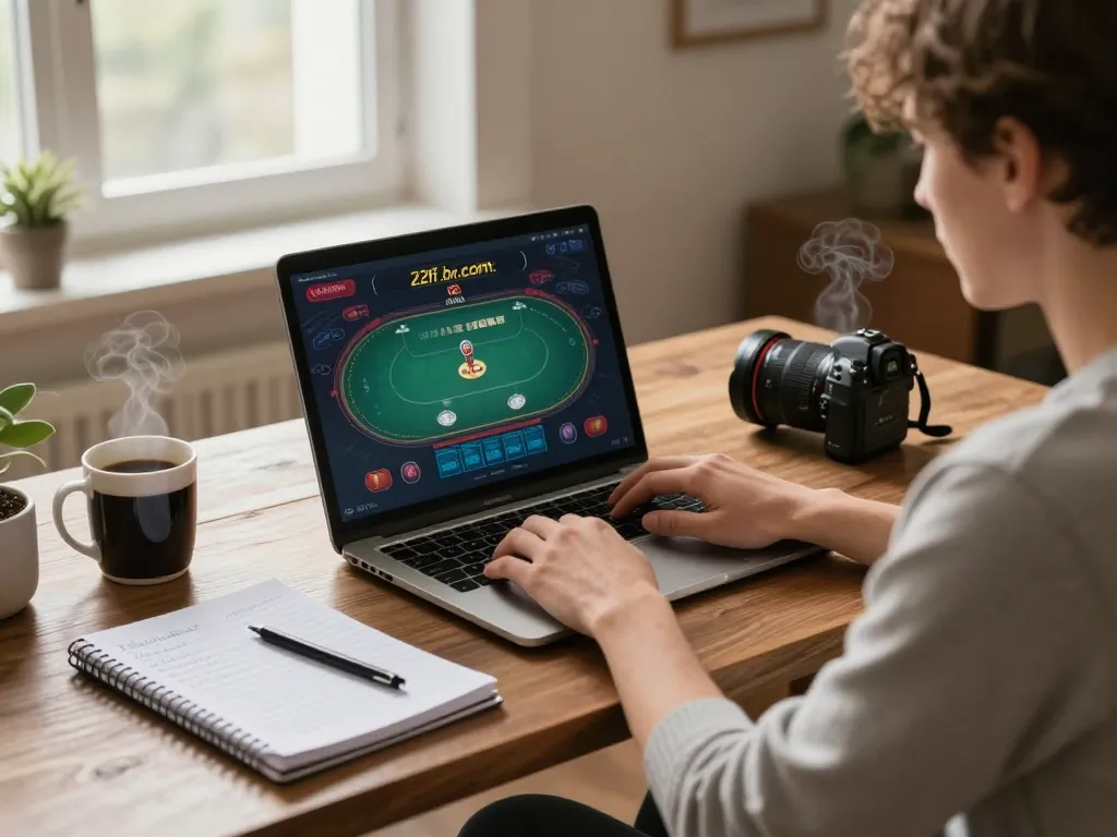 Engaging online poker session at https://22ff.br.com/, showcasing strategic gameplay in a cozy home setting.