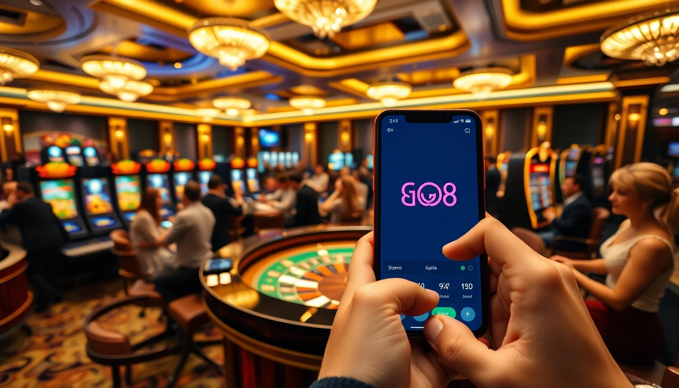 Go8 players placing bets at an upscale casino with vibrant gaming tables and a mobile app interface.