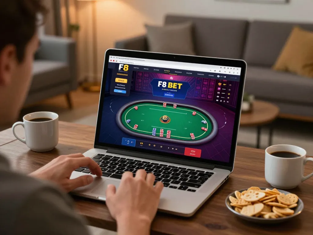 Engaging in an F8 BET online poker game, showcasing strategic gameplay on a stylish home setup.