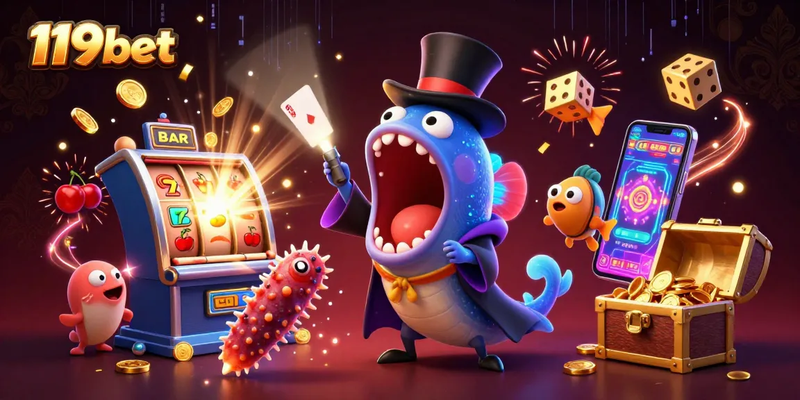 Experience exciting magic tricks with the 119bet cartoon characters in a vibrant casino scene.