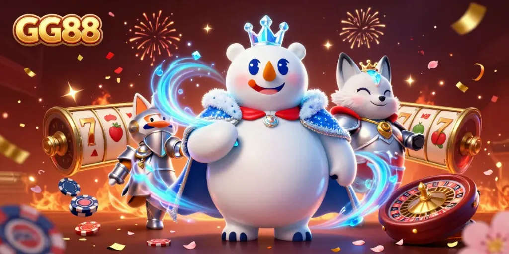 Engage with GG88's vibrant casino world featuring a bear and fox amidst festive gambling elements.