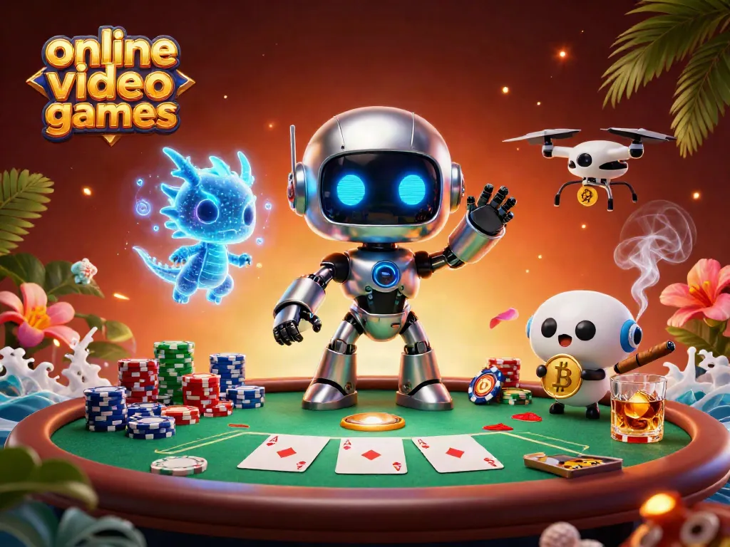 Engaging scene illustrating online video poker games with a cyberpunk robot and vibrant poker elements.