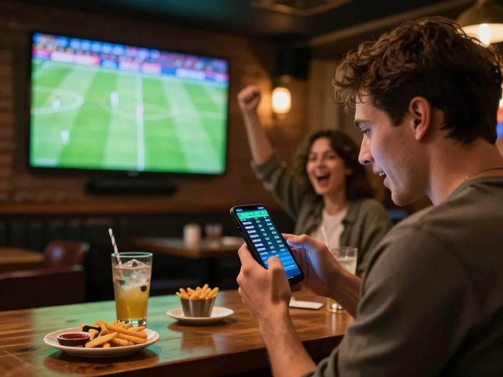 Engaging scene of soi kèo analysis on a smartphone in an exciting sports betting environment.