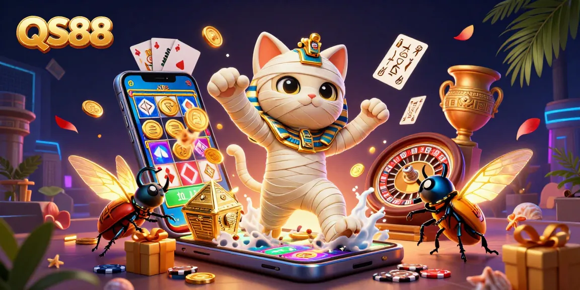 Experience excitement with QS88 as cartoon mummy cat and a scarab beetle join the casino action.