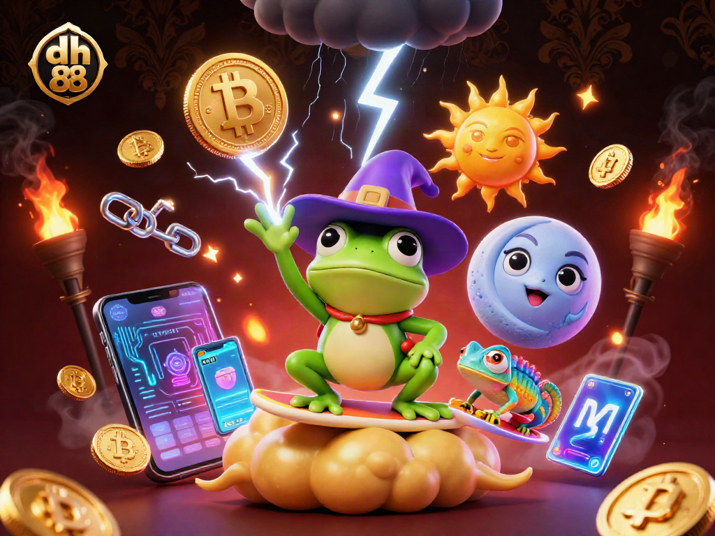 Experience the excitement of dh 88 with a vibrant 3D casino scene featuring crypto coins and playful characters.