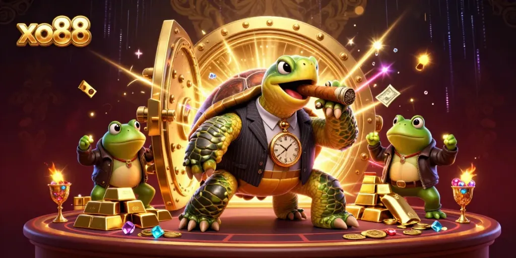 Experience the excitement of xo88 with a cartoon turtle in casino style, surrounded by treasures and lights.
