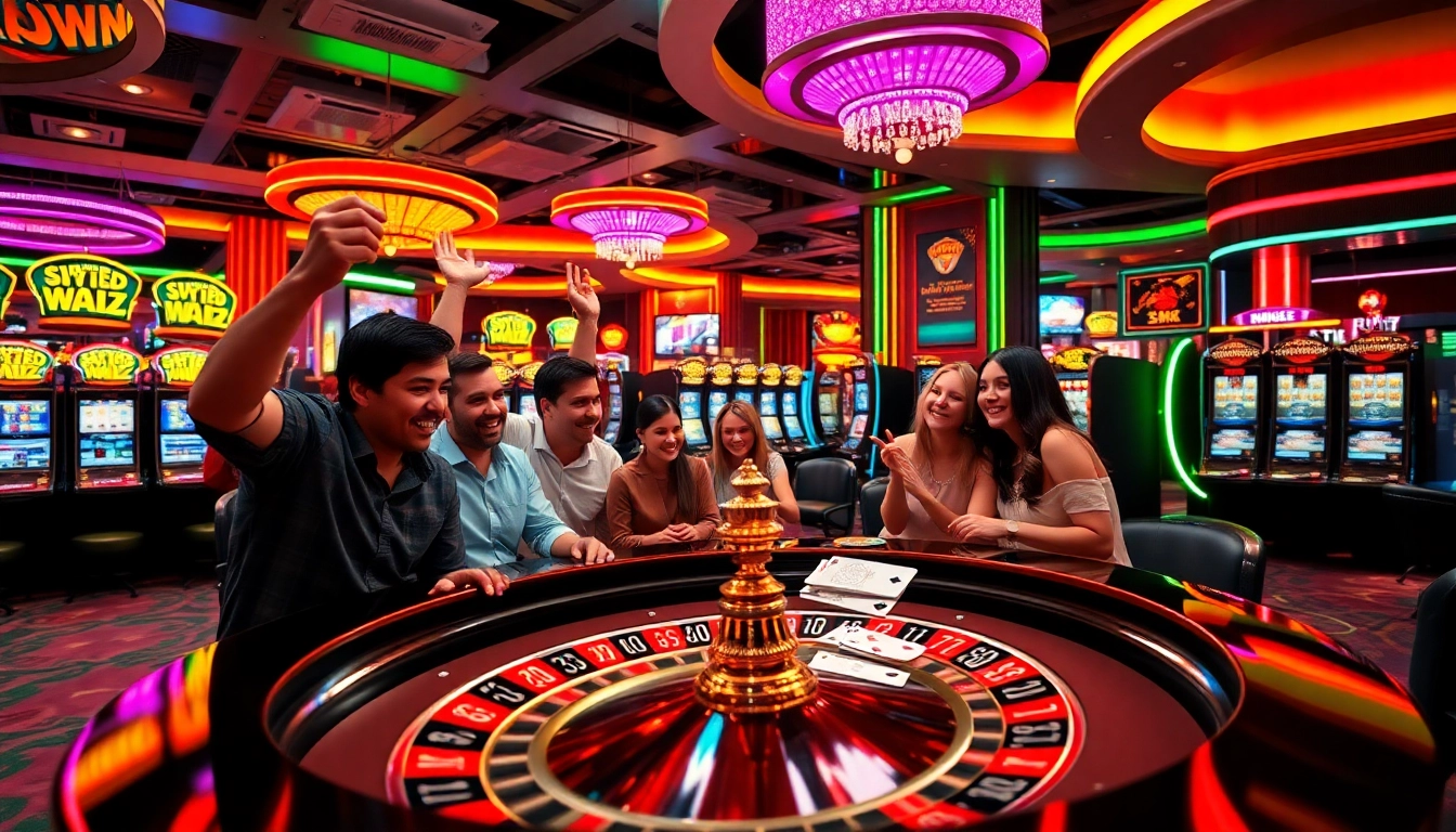 Visuel dynamique de casino en ligne retrait instantané avec des joueurs célébrant leurs gains au roulette.
