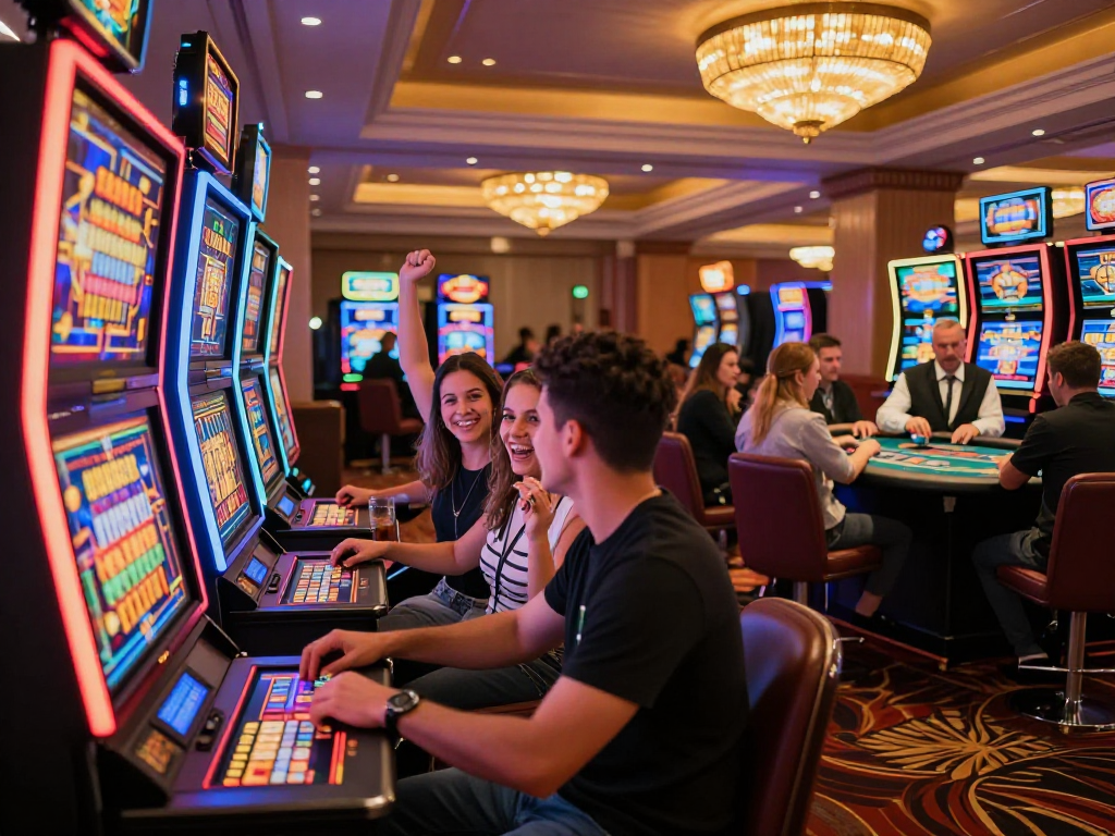 Diverse players enjoying the thrill of vin88 casino games with vibrant slot machines and lively poker tables.