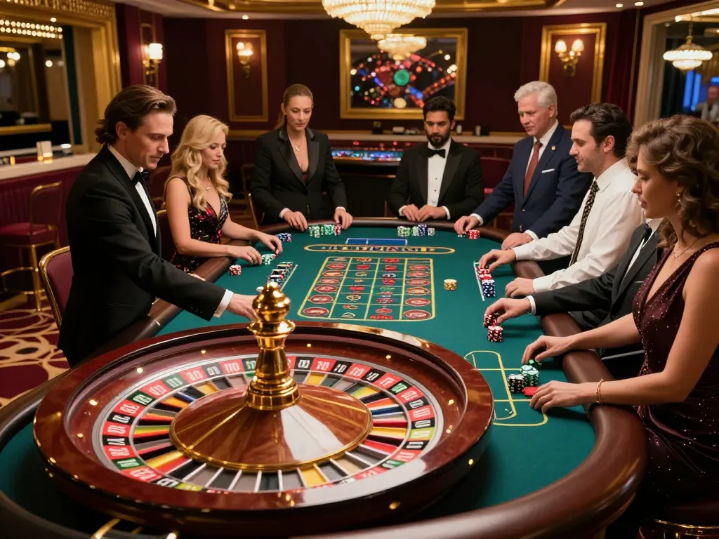 Players engaging with roulette game at 75W casino, excitement and strategy in an upscale setting