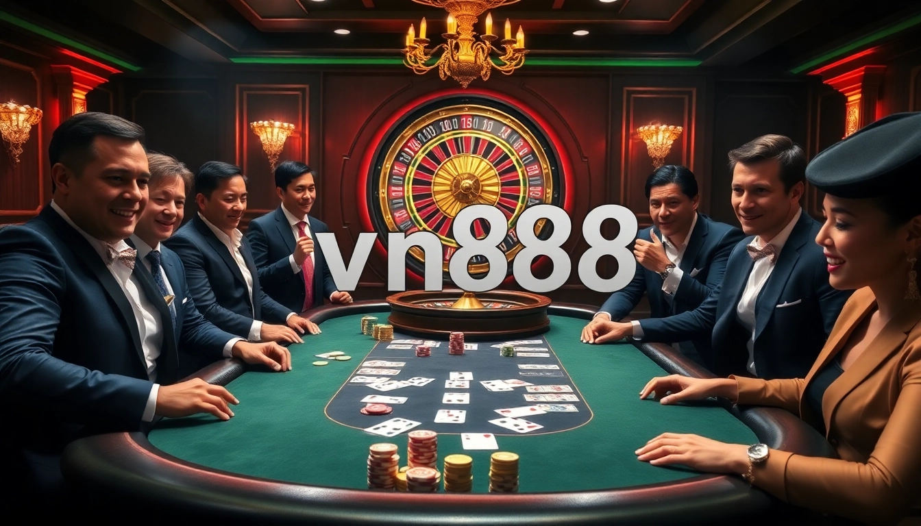 Experience the thrill of high-stakes poker at vn888 Casino with vibrant chips and professional players.