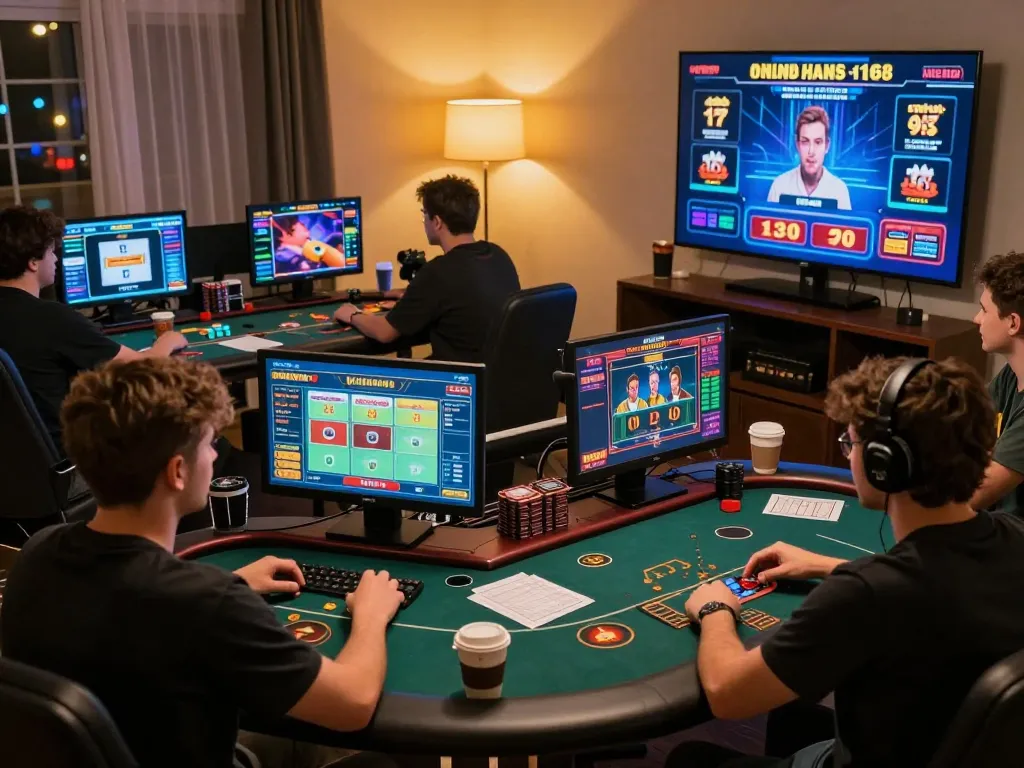 C168 players engaging in online casino games with cozy home setups and interactive screens