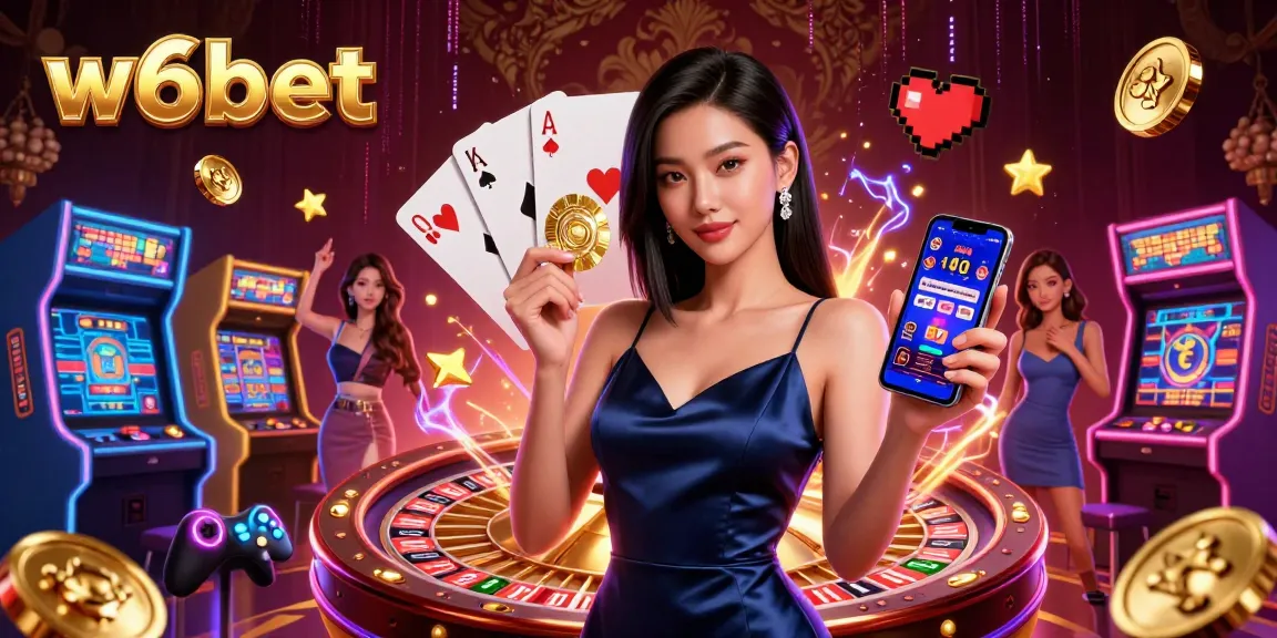 Experimente uma jogabilidade emocionante no w6bet com uma deslumbrante mulher asiática mostrando um aplicativo de cassino.