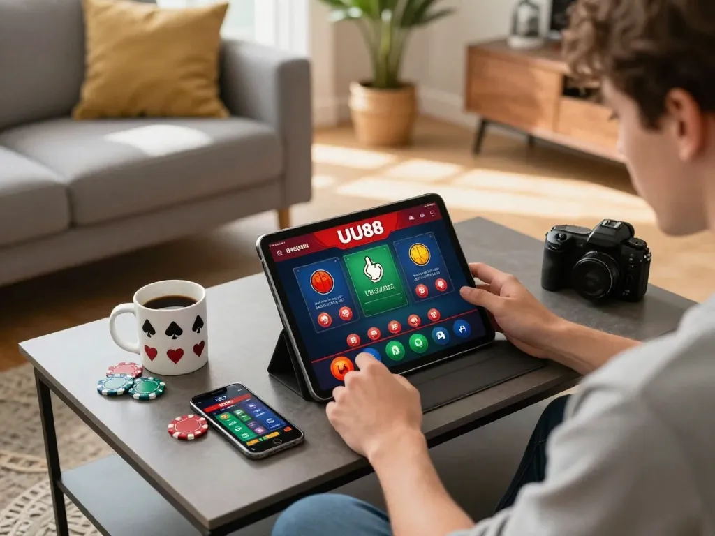 Engaging with the UU88 app on a tablet, showcasing strategic online gambling in a cozy setting.