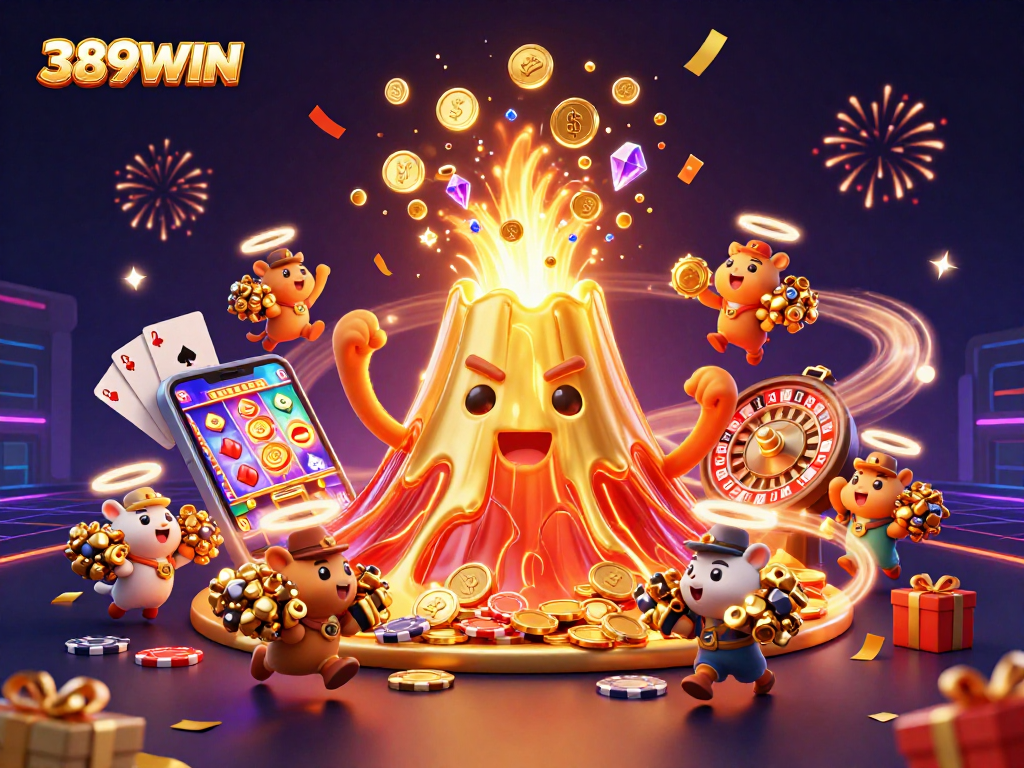 Experience the thrilling excitement of 389WIN with vibrant casino scenes and abundant treasures.