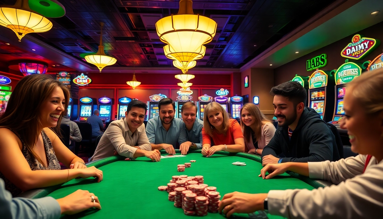 Jouez au top casino en ligne avec une ambiance festive et des joueurs enthousiastes autour d'une table de poker.