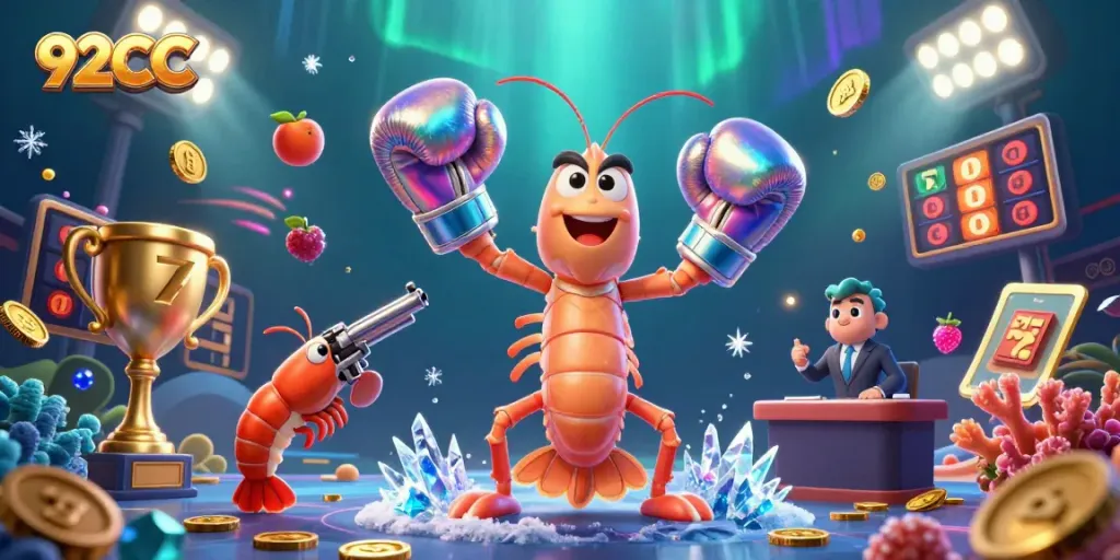 Engage with 92CC as colorful slot reels and animated casino symbols fill the dynamic underwater scene.