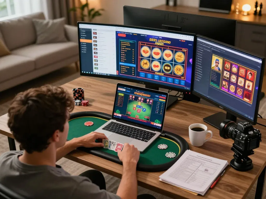 Engaging in online poker gameplay at king33, showcasing a cozy home setup.