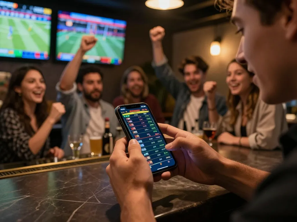 Pessoa fazendo apostas no aplicativo para smartphone 668bet em um ambiente vibrante de bar esportivo