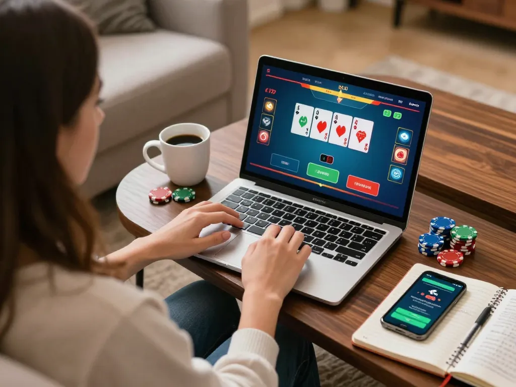 Player engaging in an exciting online poker game on oxbet platform, showcasing vibrant card interface and cozy atmosphere