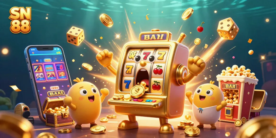 Experience the excitement of SN 88 as the golden slot machine hits a jackpot amidst a vibrant, animated casino scene.