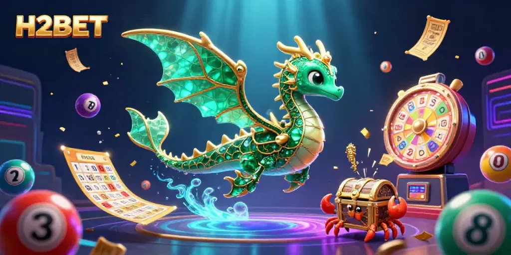 Engaging H2BET scene with a cartoon sea dragon, treasure chest, and dynamic gaming elements.