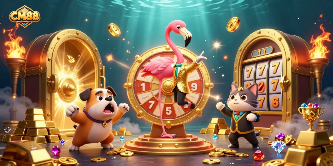 Engage with the CM88 prize wheel in a lively casino atmosphere full of treasures.