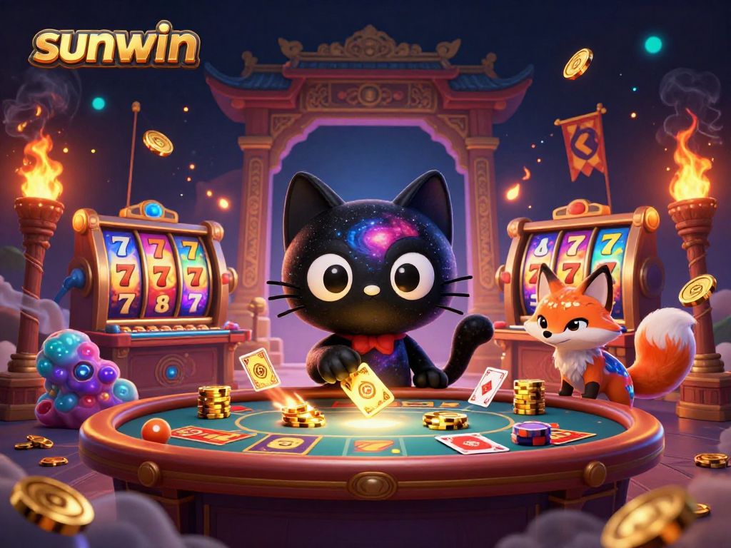 Experience the excitement at sunwin casino with a cosmic 3D scene of vibrant characters playing and winning.