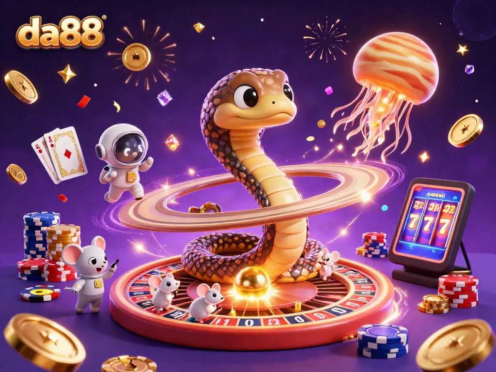Engage in thrilling bets at da88 with a captivating cosmic casino scene, featuring a Saturn snake and winning elements.