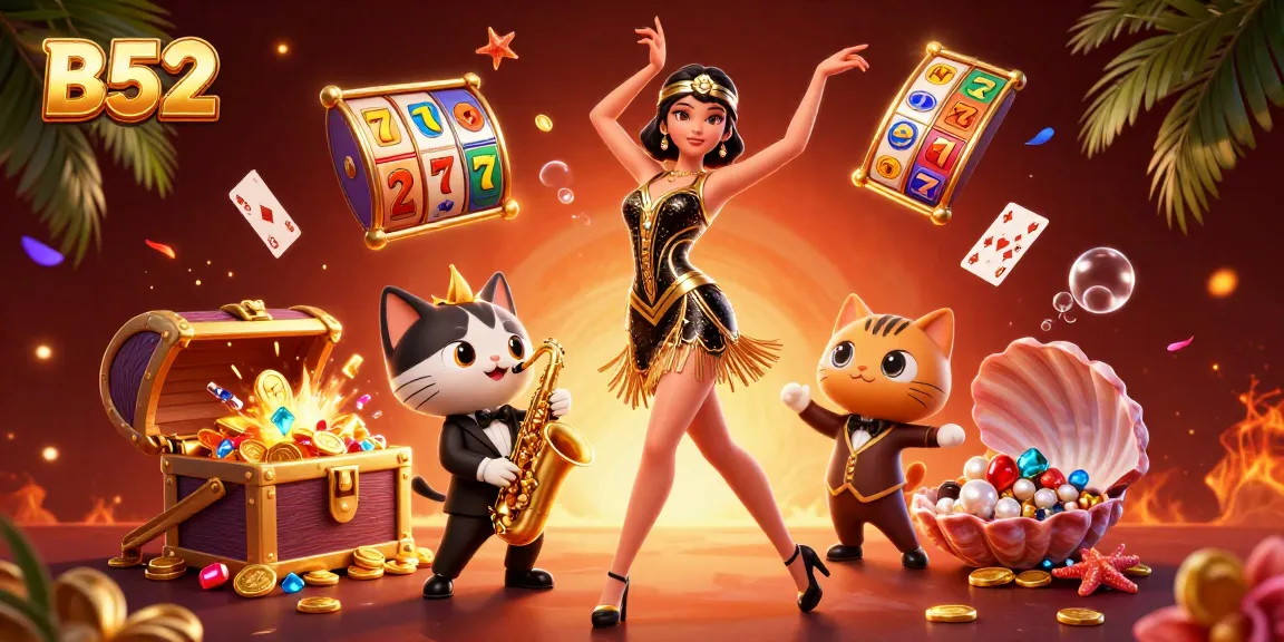 Experience the excitement at B52 casino with vibrant scenes of slot reels and jackpot symbols.