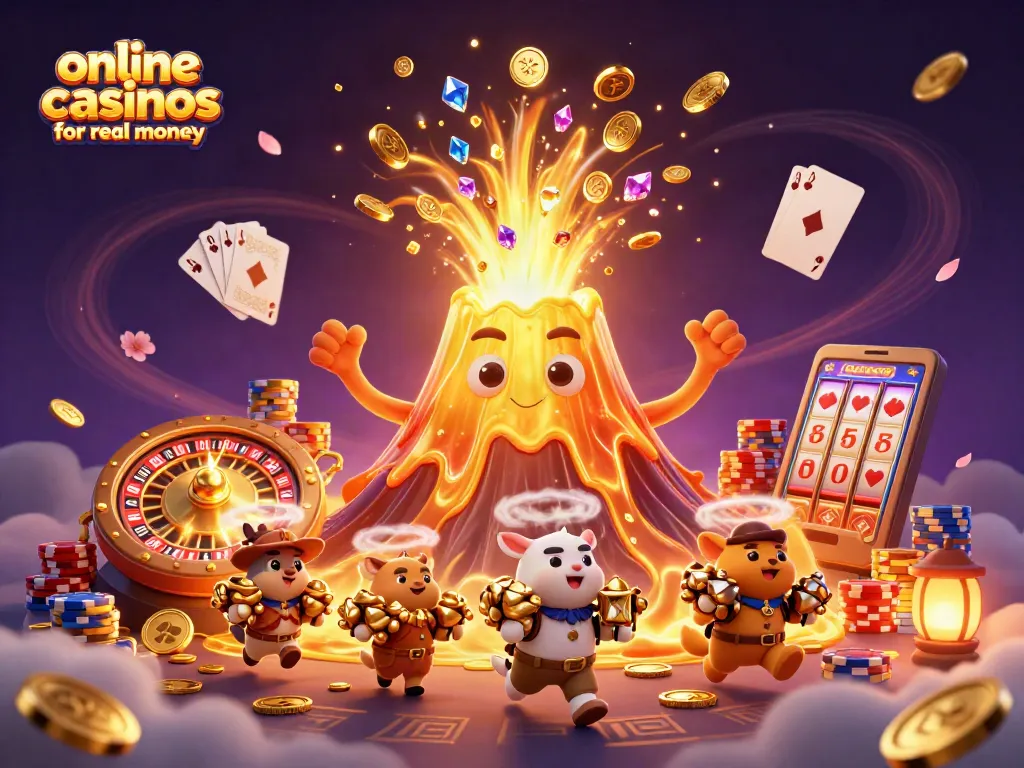 Play exciting games at online casinos for real money with vibrant casino elements and dynamic characters.