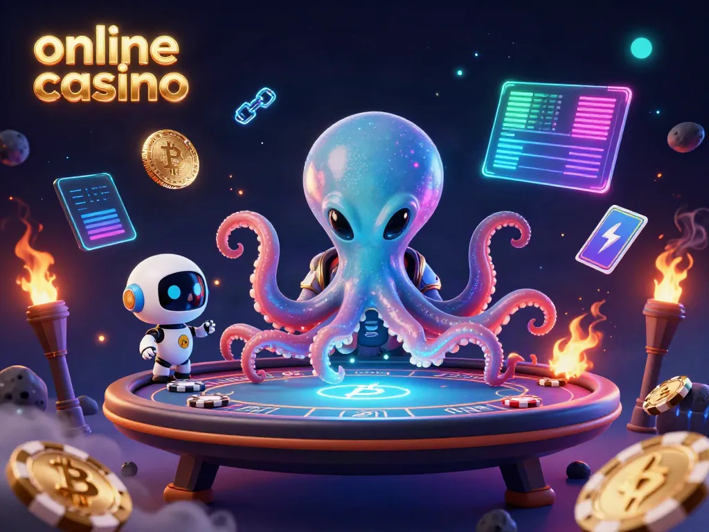 Engage in thrilling online casino gameplay with an alien octopus operating a poker table in a vibrant cosmic setting.