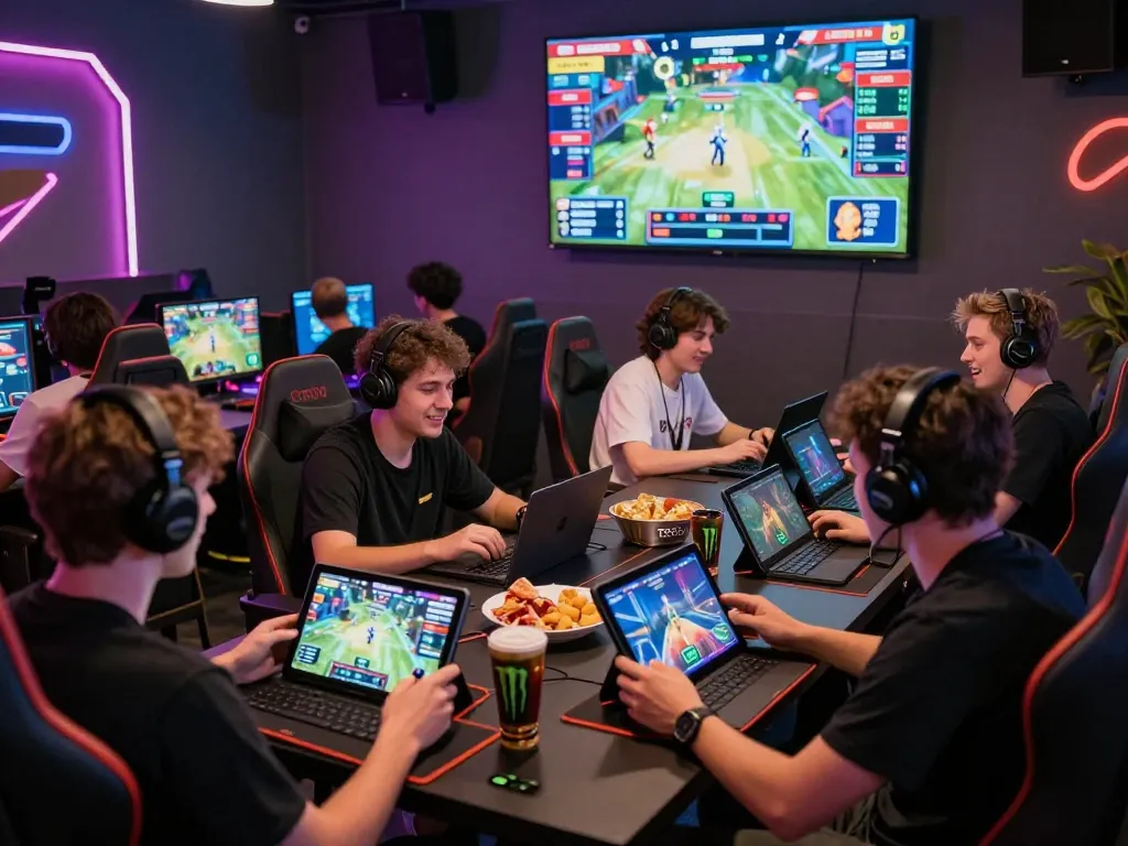 Diverse players enjoying gaming on TR88 platform in an energetic lounge with snacks and live betting screens.