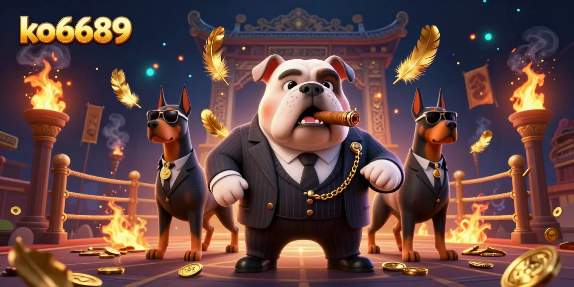 Experience exhilarating excitement with ko6689 as mafia boss bulldogs flank bodyguards amidst a vibrant casino setting.