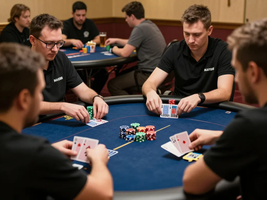 MAY88 players strategizing during a live poker game with vibrant chips and intense focus.