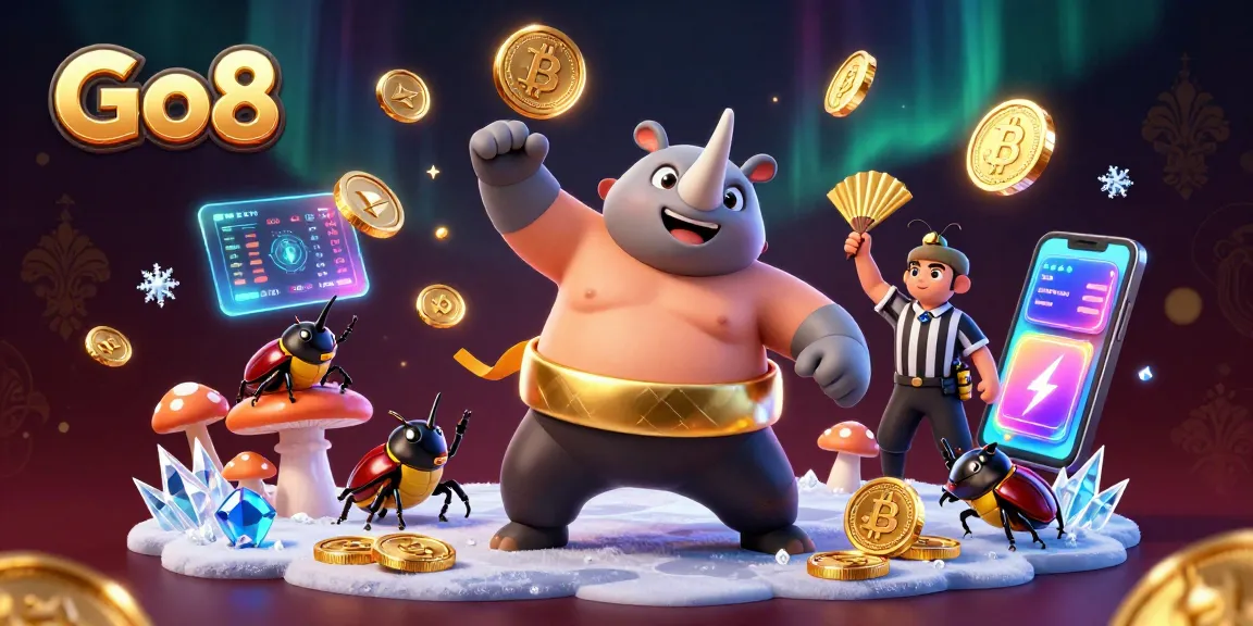 Go8 features a vibrant casino scene with a beetle champion and crypto elements, showcasing the excitement of gaming.